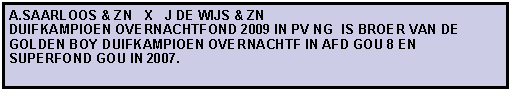 Tekstvak: A.SAARLOOS & ZN   X   J DE WIJS & ZN                    DUIFKAMPIOEN OVERNACHTFOND 2009 IN PV NG  IS BROER VAN DE GOLDEN BOY DUIFKAMPIOEN OVERNACHTF IN AFD GOU 8 EN SUPERFOND GOU IN 2007.