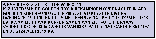 Tekstvak: A.SAARLOOS & ZN   X   J DE WIJS & ZN                     IS ZUSTER VAN DE GOLDEN BOY DUIFKAMPIOEN OVERNACHTF IN AFD GOU 8 EN SUPERFOND GOU IN 2007. ZE VLOOG ZELF DIVERSE OVERNACHTVLUCHTEN PRIJS MET EEN 94e NAT PERIQUEUX VAN 11316 DV  KWAM MET HAAR DOFFER SAMEN AAN ZIE  FOTO HIERNAAST.VERDER NOG DE 180e CAHORS VAN 9369 DV 110e NAT CAHORS 6542 DV EN DE 212e ALBI 5949 DV.