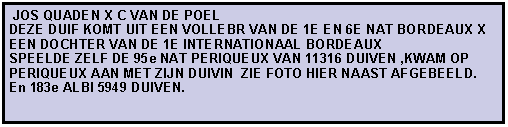 Tekstvak:  JOS QUADEN X C VAN DE POEL                                                               DEZE DUIF KOMT UIT EEN VOLLEBR VAN DE 1E EN 6E NAT BORDEAUX X EEN DOCHTER VAN DE 1E INTERNATIONAAL BORDEAUX SPEELDE ZELF DE 95e NAT PERIQUEUX VAN 11316 DUIVEN ,KWAM OP PERIQUEUX AAN MET ZIJN DUIVIN  ZIE FOTO HIER NAAST AFGEBEELD.En 183e ALBI 5949 DUIVEN.