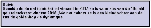 Tekstvak: Duivin  Speelde de 8e nat teletekst  st vincent in 2017 ze is weer zus van de 10e afd gou teletekst st vincent 2018 ,64e nat cahors ze is een kleindochter van de zus de goldenboy de dynamque