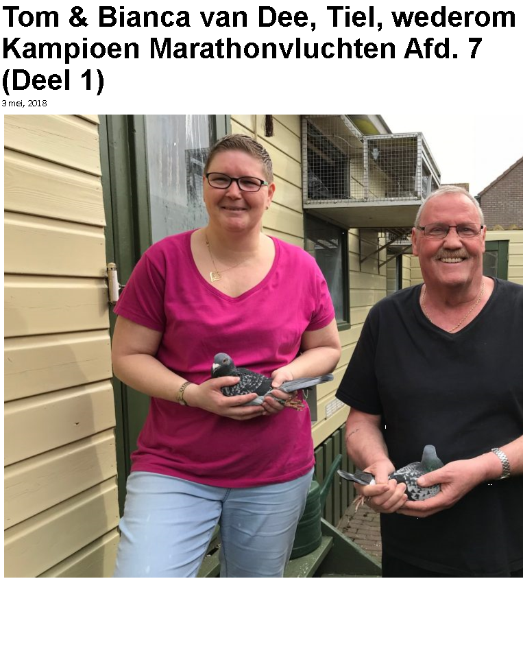 Tekstvak: Tom & Bianca van Dee, Tiel, wederom Kampioen Marathonvluchten Afd. 7 (Deel 1)
3 mei, 2018
